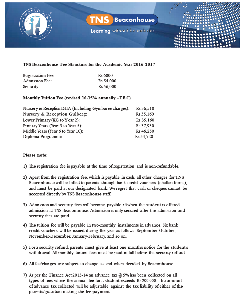Fee Structure TNS Beaconhouse Lahore